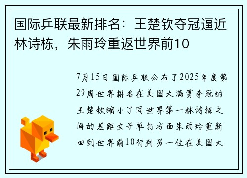 国际乒联最新排名：王楚钦夺冠逼近林诗栋，朱雨玲重返世界前10